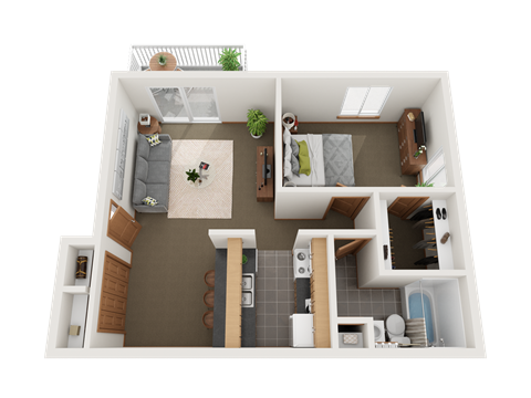 Floor plan for 1 bed, 1 bath, 632 sqft
